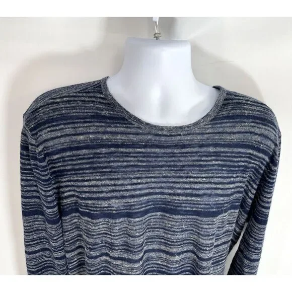 John Varvatos Sweater Men's XL Gray Blue Striped Linen Blend Long Sleeve